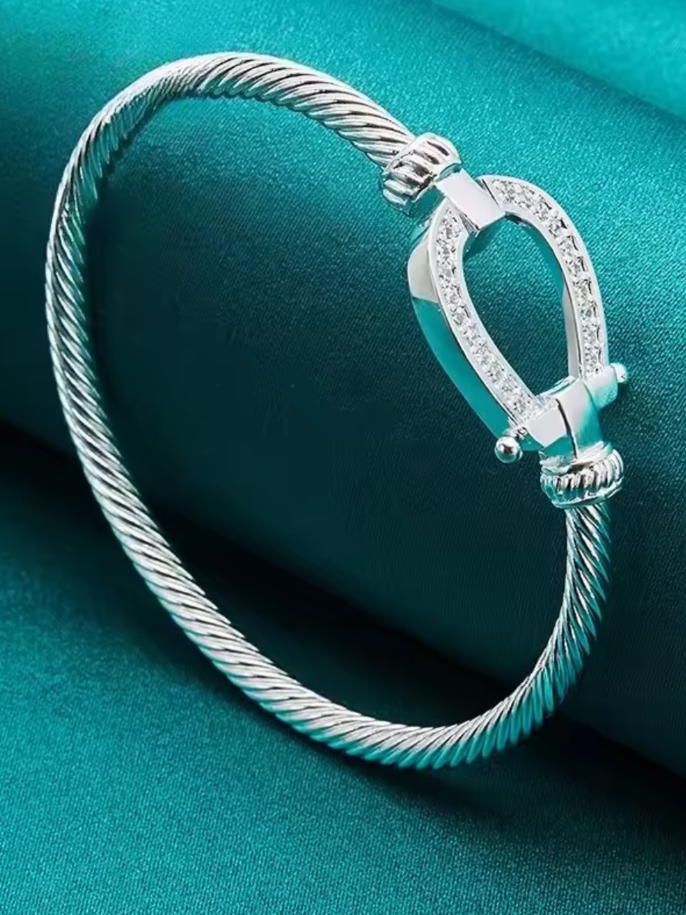 Silver Sculptural Cable Bracelet with Pave Buckle